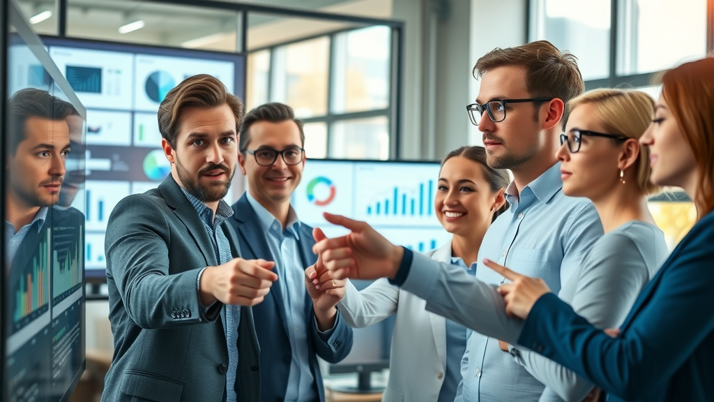 dynamic business team analyzing consumer data with personalized marketing techniques in a modern digital office