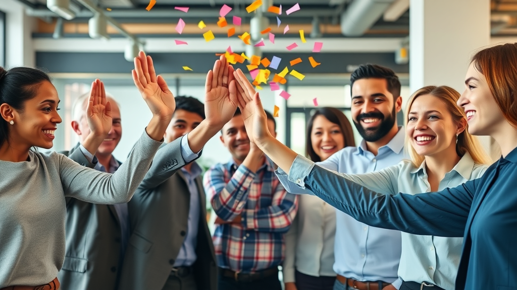 diverse team celebrating content marketing success and brand awareness with high fives in a bright office