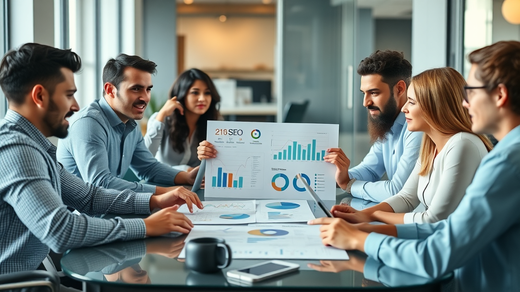 seo content optimization team collaborating on content strategies with SEO charts in office workspace