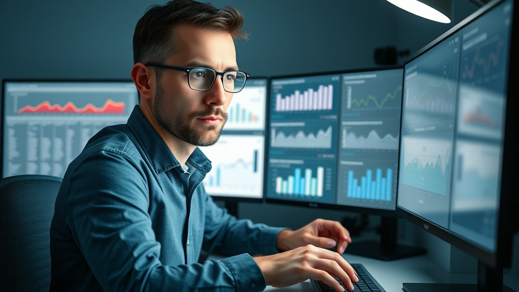 SEO analyst reviews analytics dashboards for content distribution channel ROI