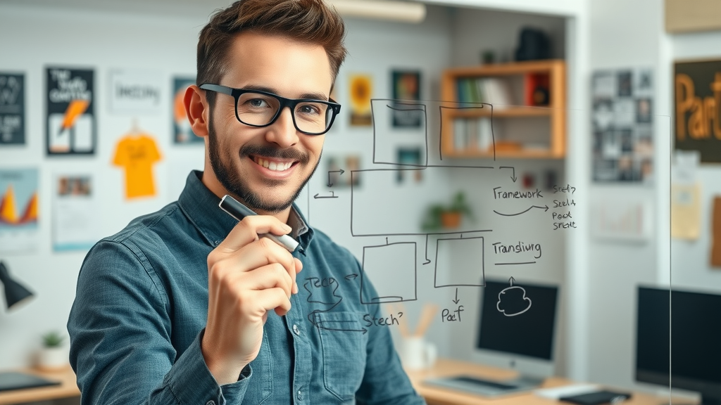 marketer drawing digital content strategy framework steps on transparent board in creative office