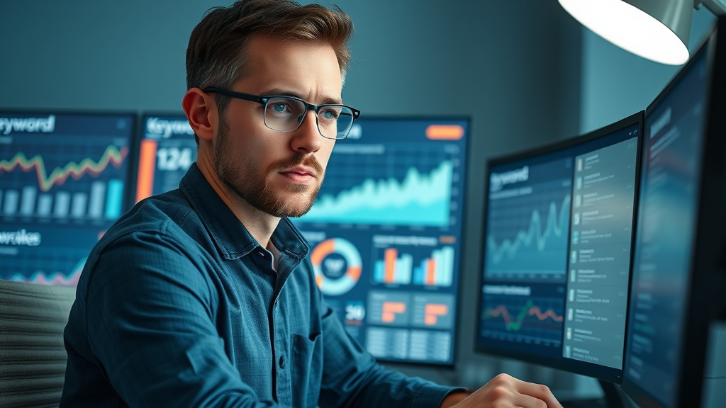 focused marketer analyzing keyword research data on screen, digital charts and content creation process in background, keyword research for content creators