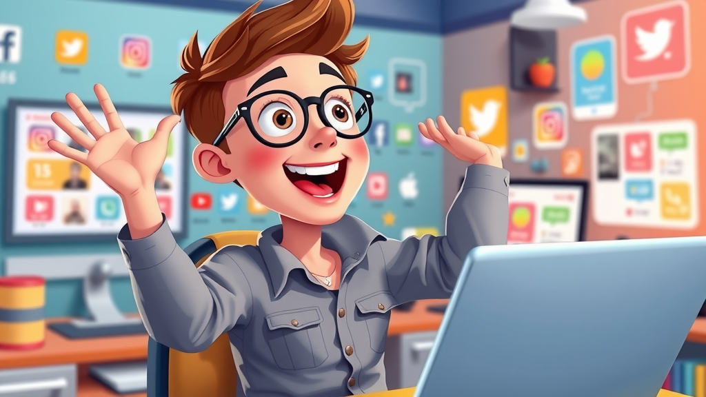 young digital marketer curating social media content, dynamic workspace with platform icons, content creation process for social media, branding tools and trends