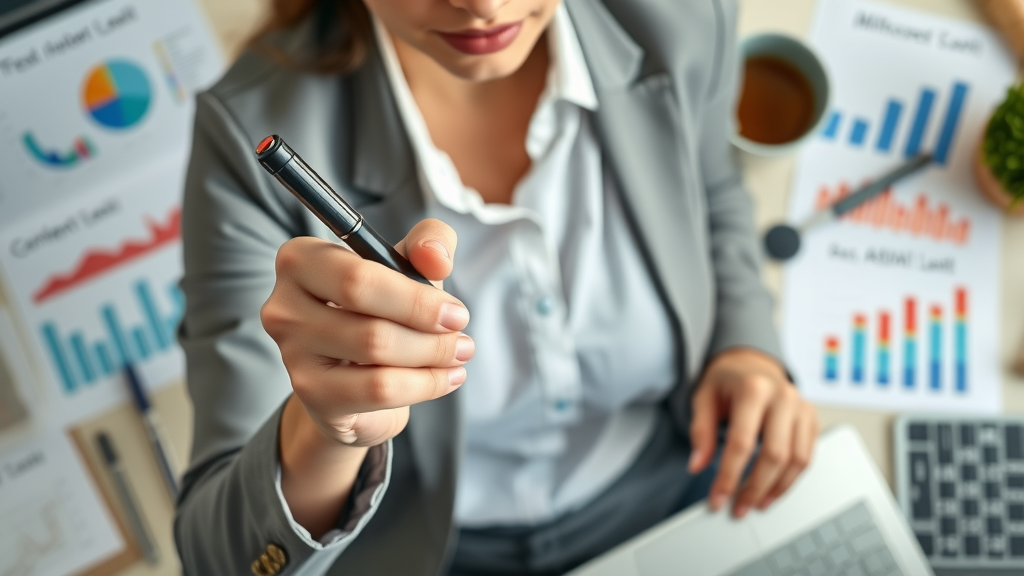 organized professional with content performance metrics checklist at a desk