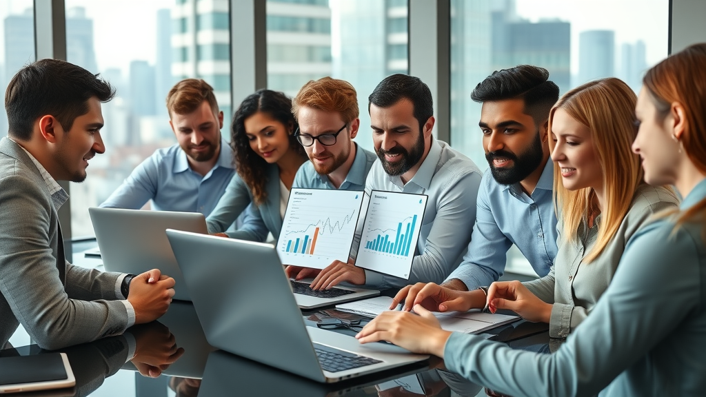 diverse group of marketing managers reviewing analytics on laptops, data-driven marketing, city view