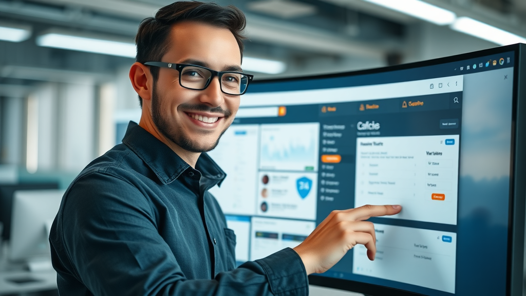 technology specialist managing digital content strategy with CMS dashboard on monitor