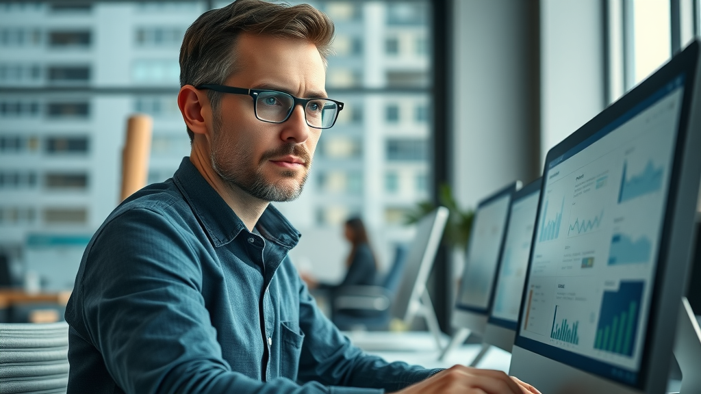 market researcher analyzing target audience data and engagement metrics in an urban office setting