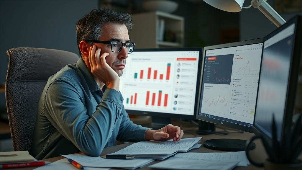disappointed marketer analyzing failed content planning campaign on computer