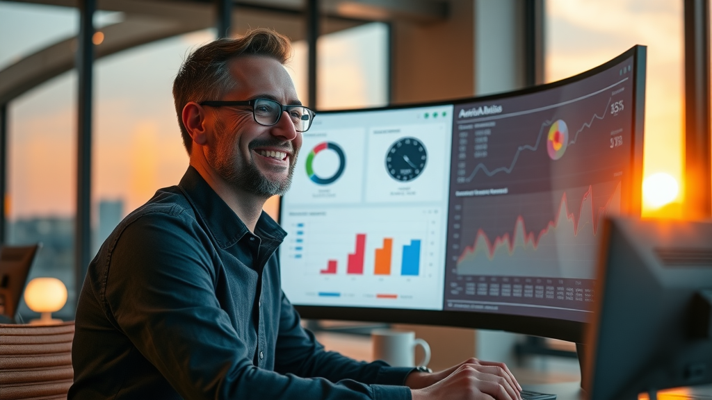 Focused marketer reviewing analytics dashboard on large monitor, animated charts and colorful feedback in a modern office. Analytics, content calendar, social media content.