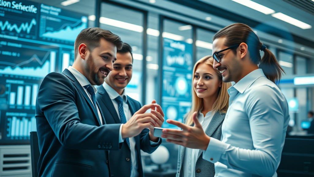 dynamic business team collaborating over futuristic AI-infused digital interface, best ai business ideas, modern office with AI visuals