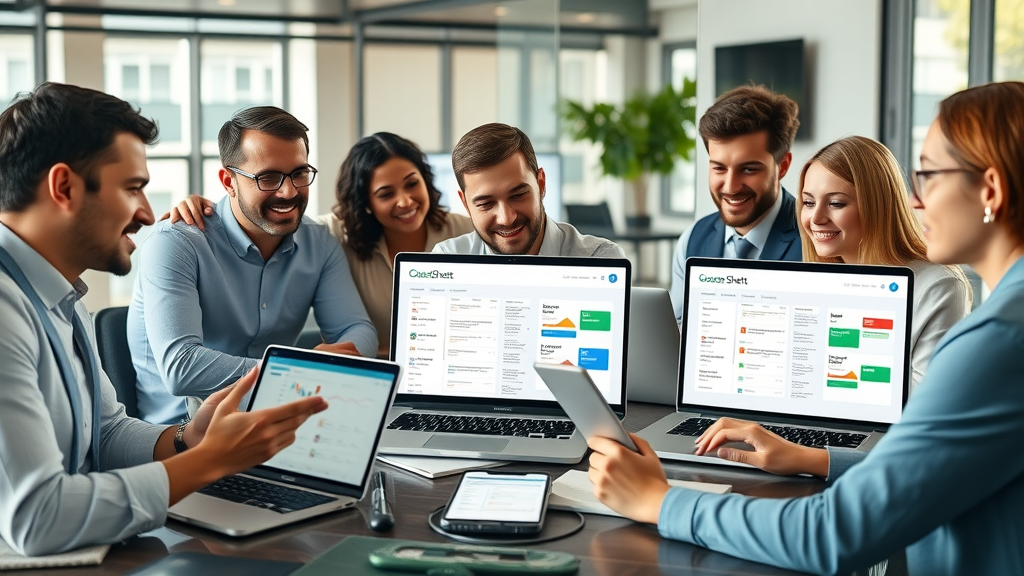 Diverse business team engaged in discussion over laptops, displaying different calendar tool dashboards in a collaborative, modern workspace. Calendar tool, google sheets, media calendar.