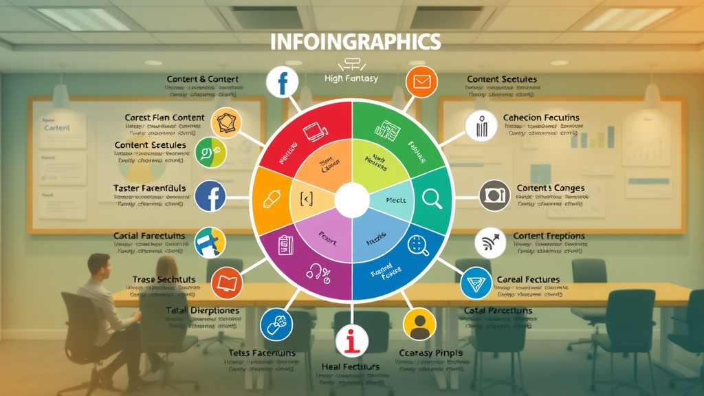 Infographic displaying content types, social media platforms, publishing schedules, and teamwork for an efficient content calendar. Media content, calendar tool, calendar template.