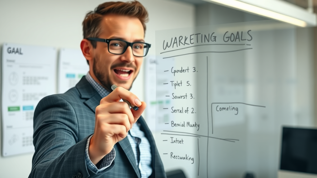 marketing professional outlining content marketing plan and goals on a transparent board