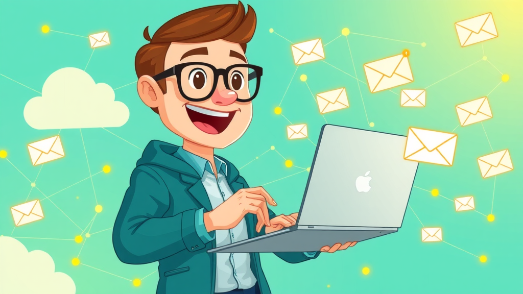 tech-savvy marketer sending a syndicated content marketing campaign from laptop with digital cloud and email graphics