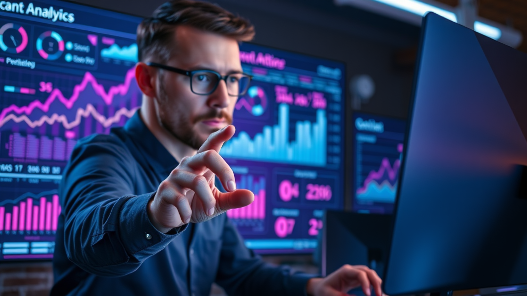 dynamic analyst manipulating interactive digital dashboard, big data powering marketing analytics
