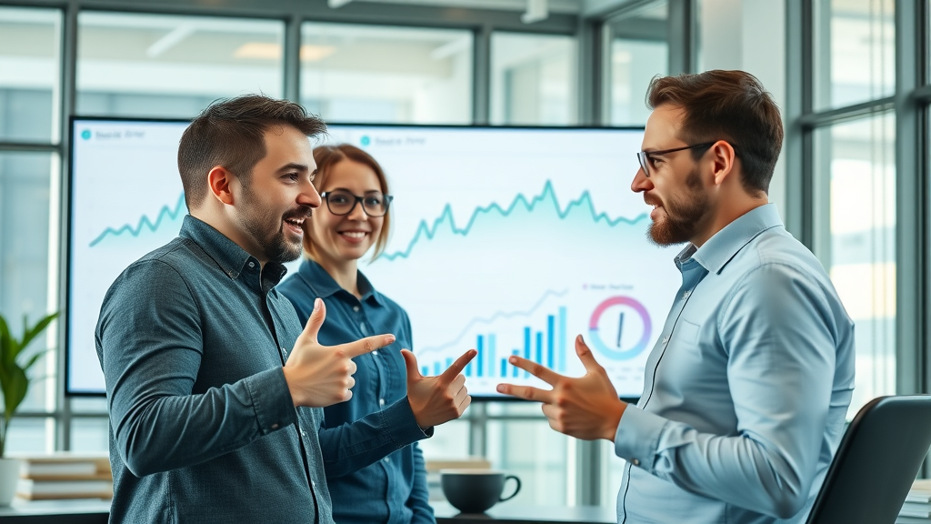 small business team reviews growth in social media audience engagement analytics