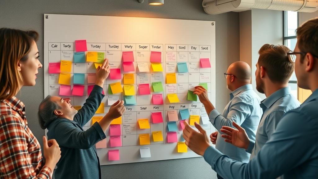 group of marketers planning an editorial content calendar with sticky notes in an open space