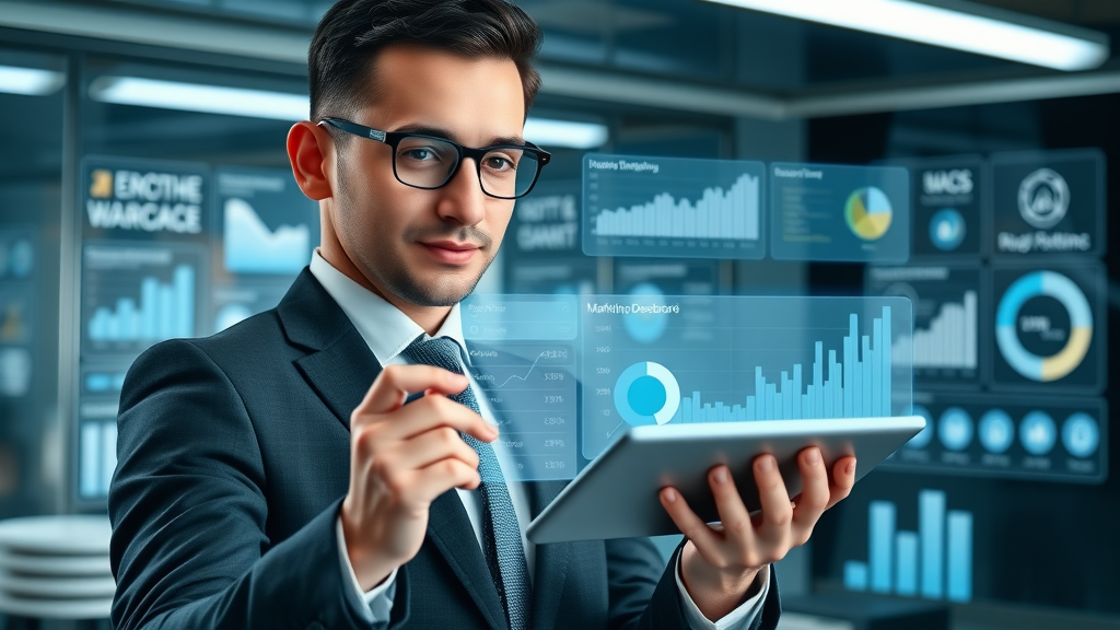 business professional showcasing personalized marketing dashboard on a tablet with dynamic content visualizations