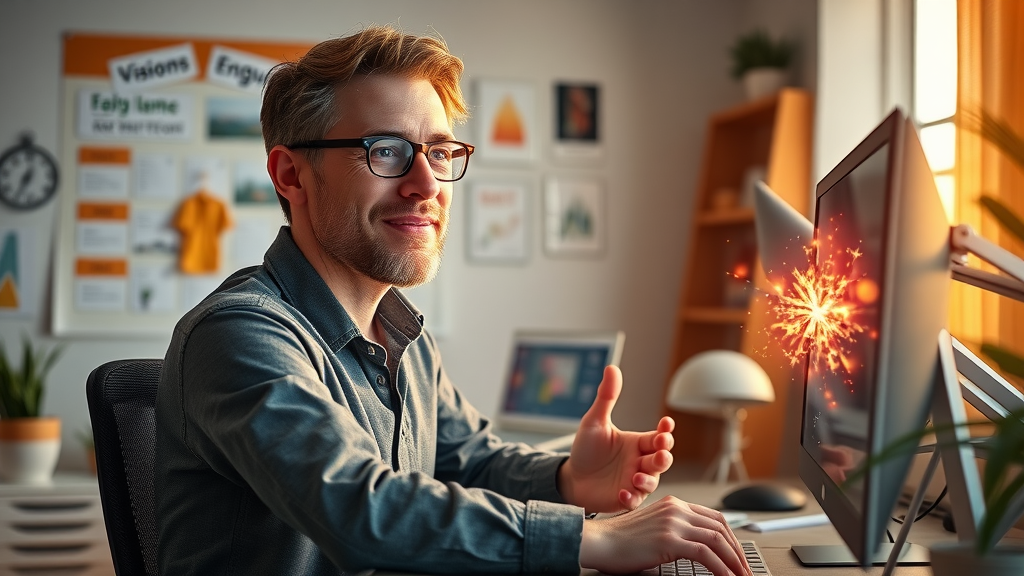 motivated entrepreneur launching first content marketing campaign in a creative home office filled with inspirational energy