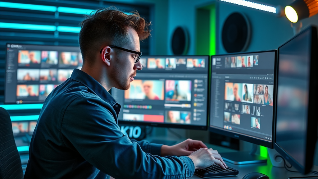 content creator planning blog posts and social media content at a dual-monitor workstation with advanced content creation tools