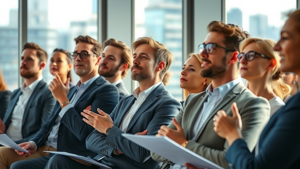 Brand storytelling engaging business audience in a modern conference room with city skyline