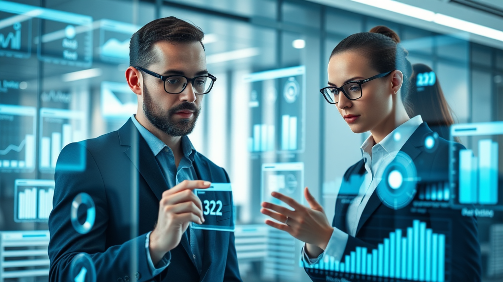 Futuristic business team analyzing data with AI-driven personalization in a modern office