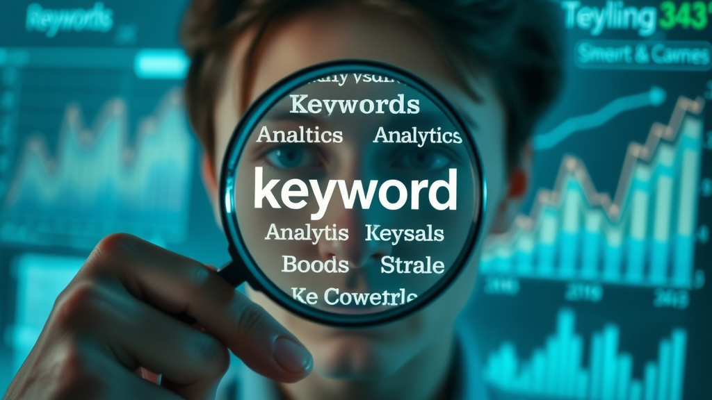 seo content optimization process with a magnifying glass analyzing keyword research and website analytics