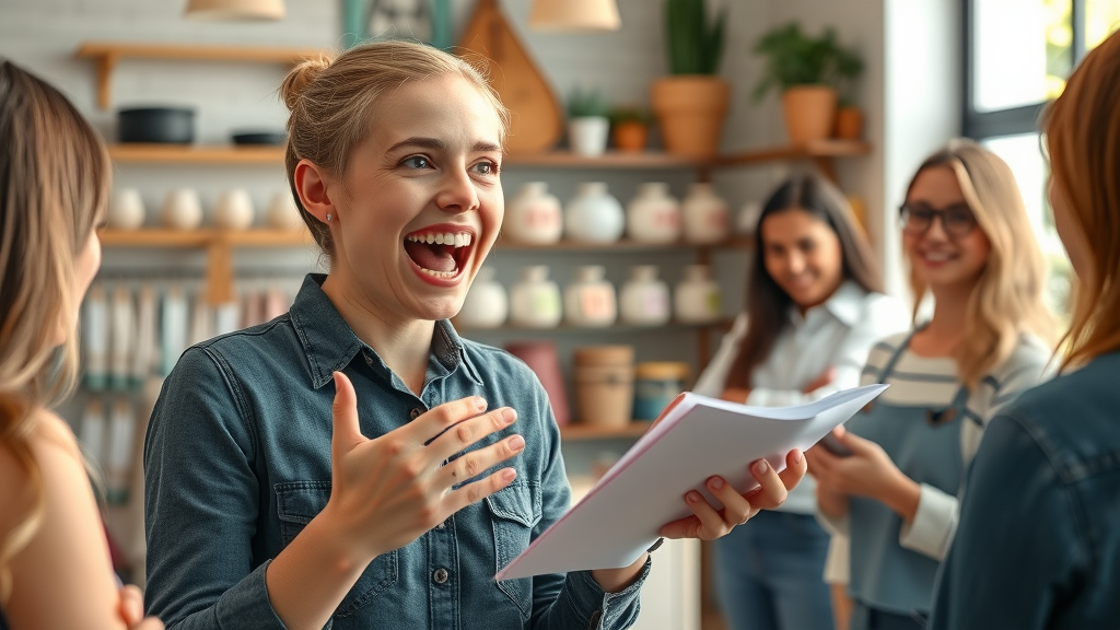 Small business owner sharing brand story with customers in a boutique setting