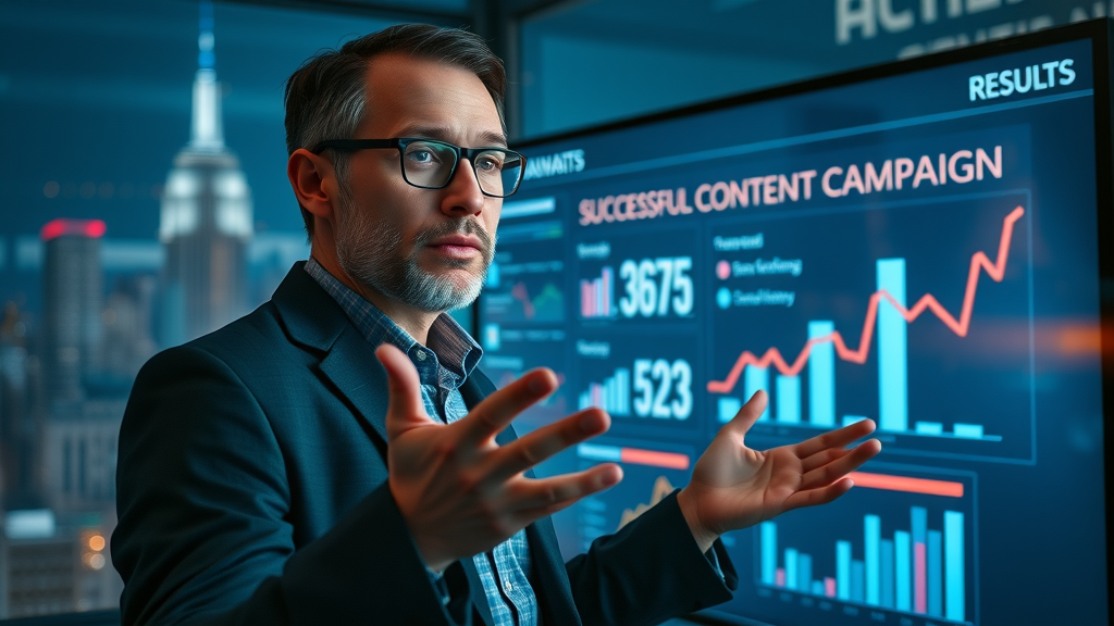 creative brand strategist presenting successful content campaign analytics on digital screen