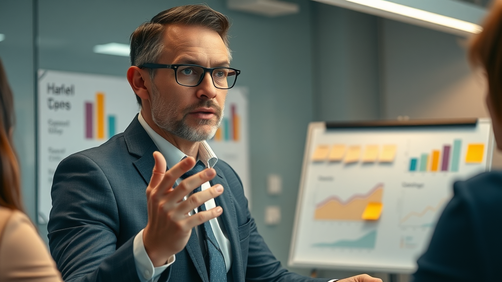 business strategist reviewing key audience engagement takeaways with team
