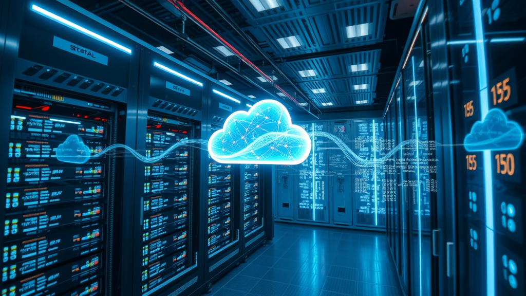 sleek data servers connecting, data flowing between servers and cloud, big data in data-driven marketing