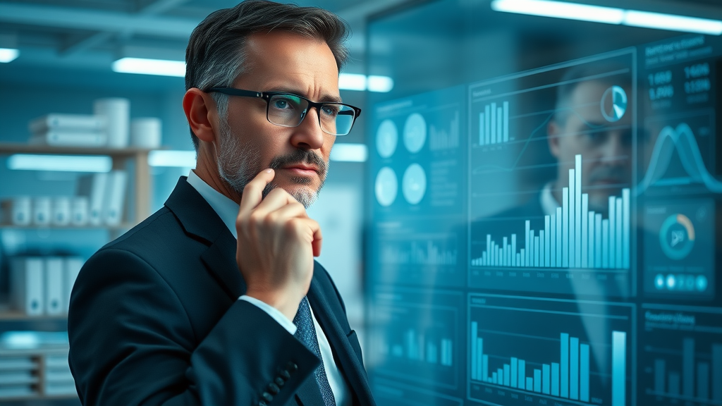 forward-thinking business leader analyzing charts, data-driven marketing, transparent screen, big data insights