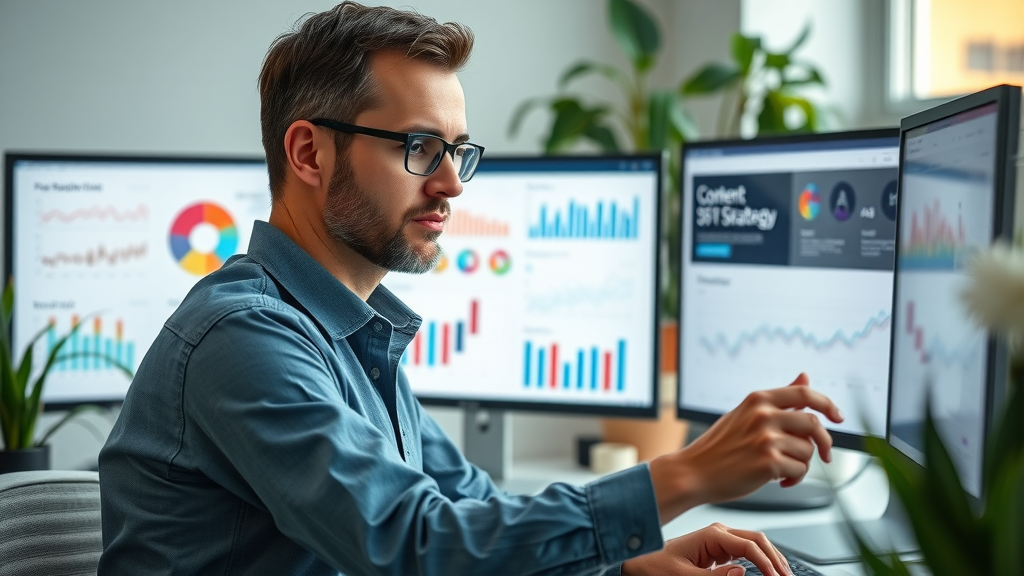 Professional analyzing content strategy enhancements on marketing dashboards in a modern workspace.
