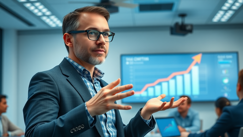 entrepreneur presenting content planning growth metrics to a marketing team in a modern room
