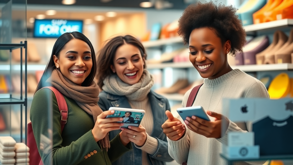 Happy diverse customers engaging with AI-personalized products online