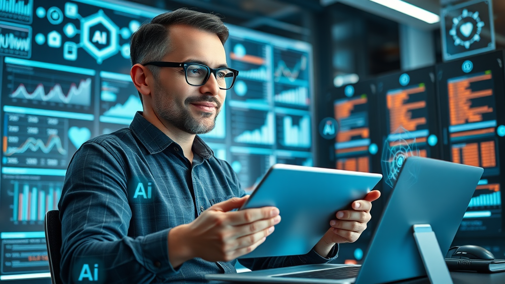 confident entrepreneur using AI tools to analyze business metrics and automation, best ai business ideas