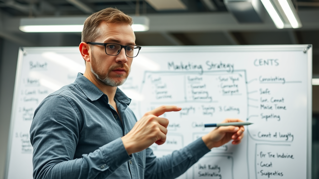 marketer developing content marketing strategy on whiteboard in a creative agency office