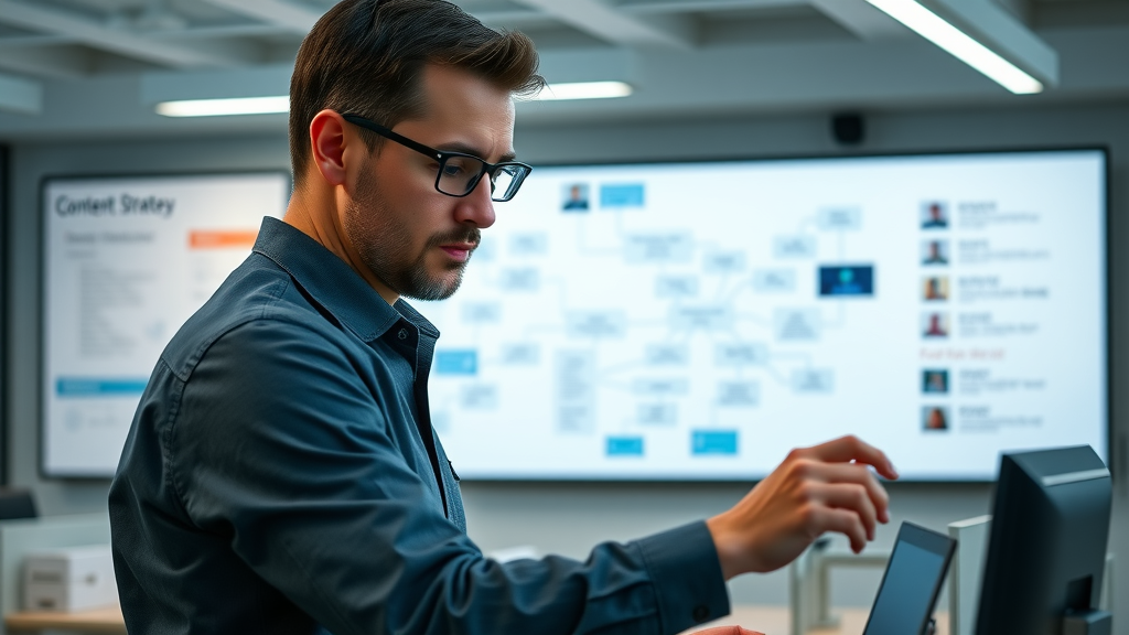 digital workspace with content strategy flowchart, content marketing planning, and media content displayed on touchscreens