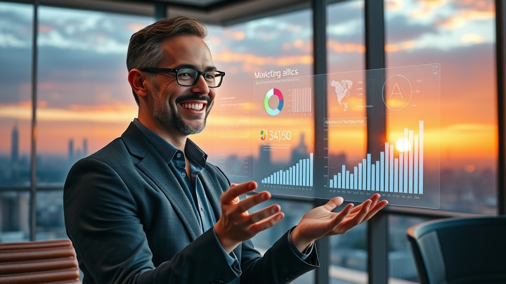 successful marketing director overseeing growing brand analytics on a futuristic holographic display