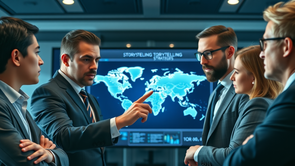 Global business leaders analyzing brand storytelling strategies on digital world map in a boardroom