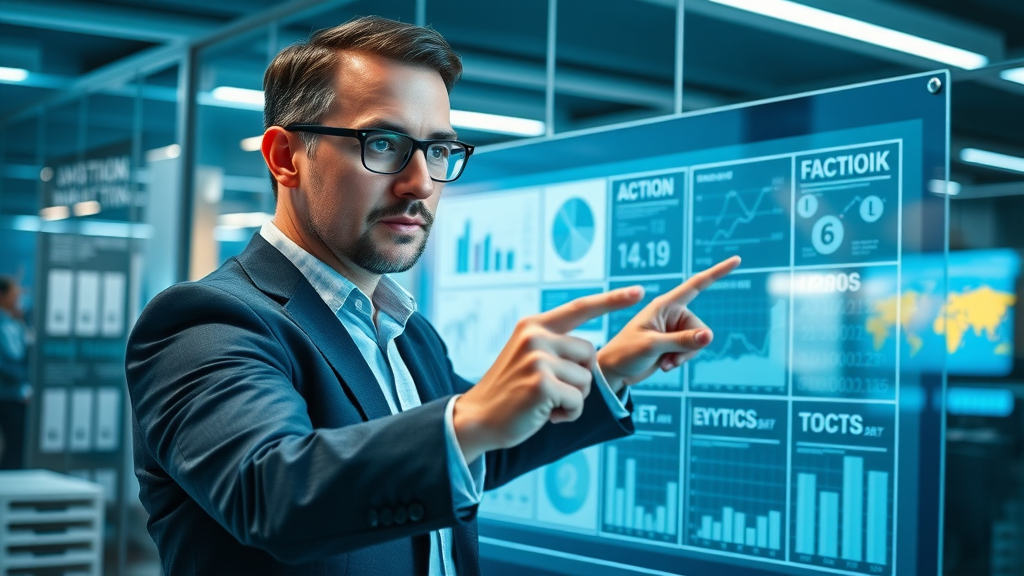 Confident marketing strategist plans content strategy enhancements in a modern office with digital charts and infographics.