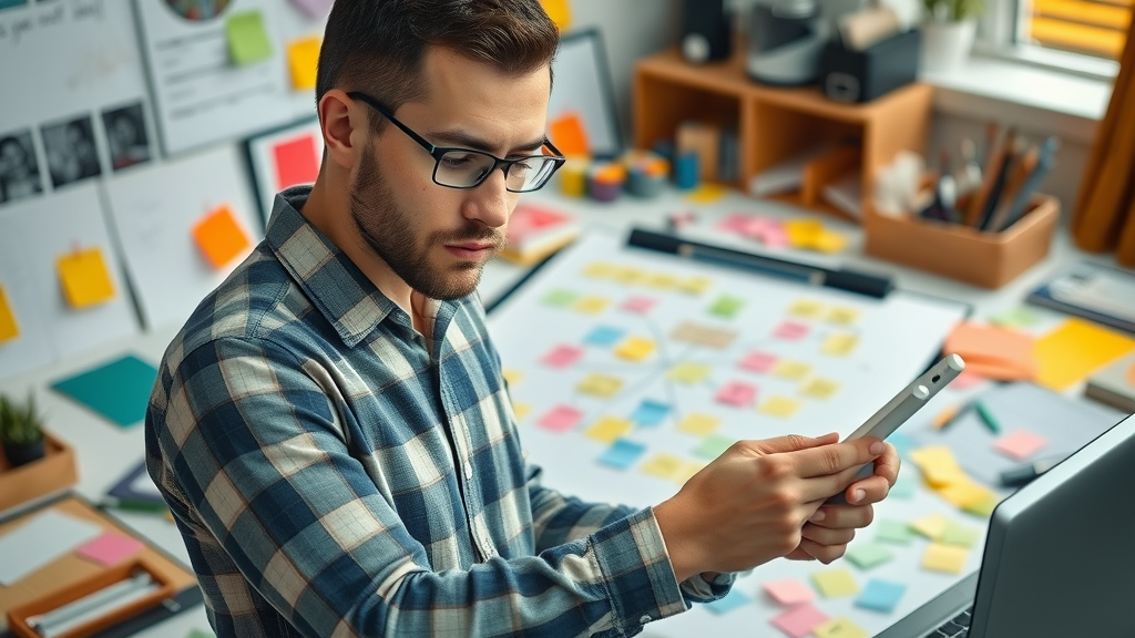 organized workspace content marketer planning content ideas with a mind map and sticky notes