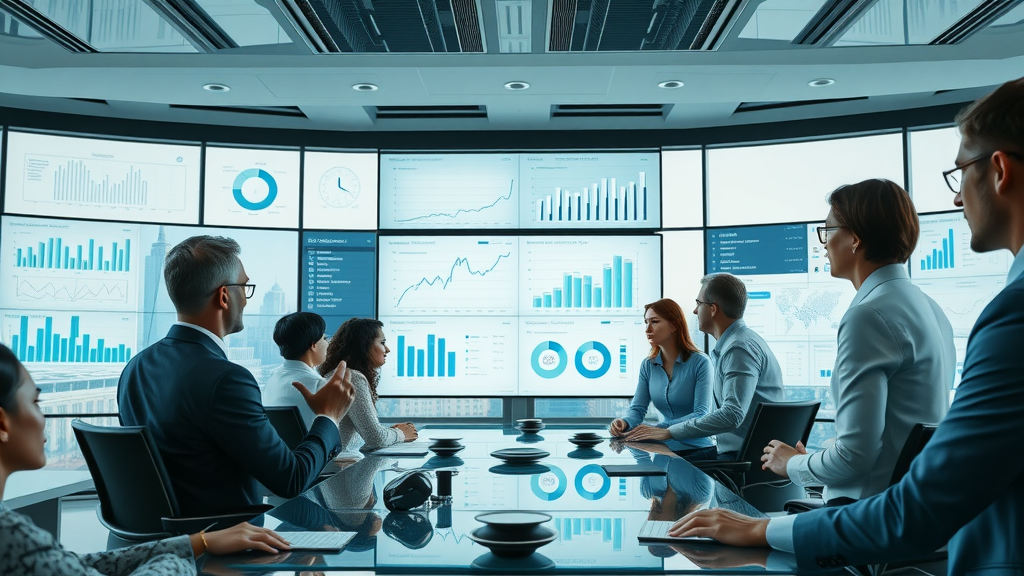 professional team reviewing interactive data visualization of content performance metrics