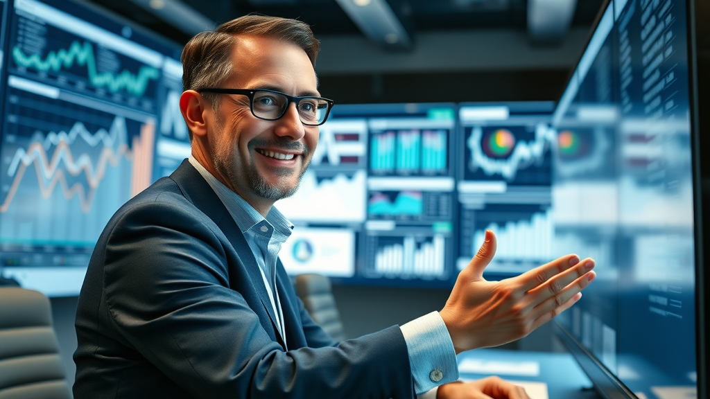 business analyst reviewing white paper results and advertising analytics on a large screen in a professional boardroom