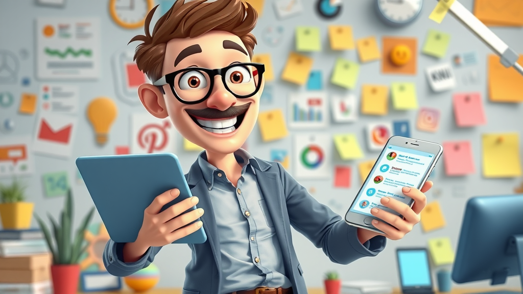 Content creator aligning blog, email, and social media posts for content strategy enhancements in a creative workspace.