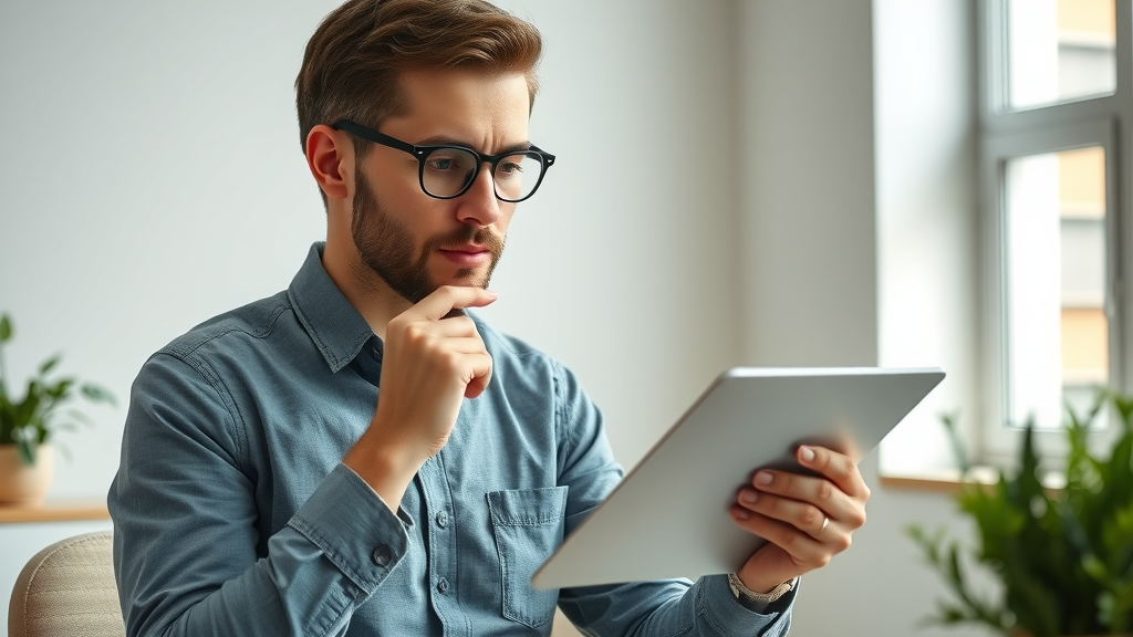 professional content marketer reviewing digital marketing plan on a tablet in a modern minimalist office