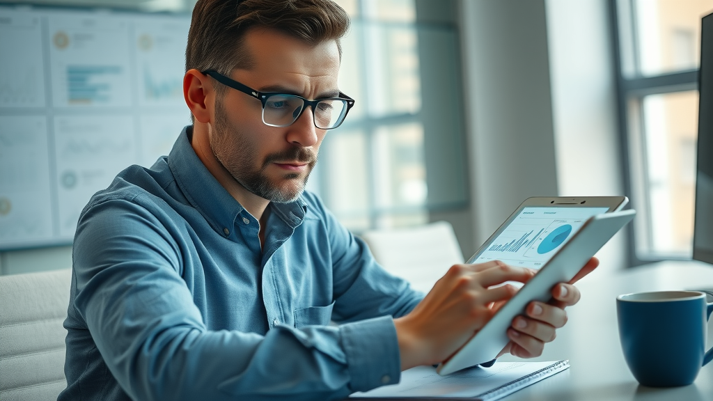 business analyst reviewing data on a tablet to optimize digital content strategy