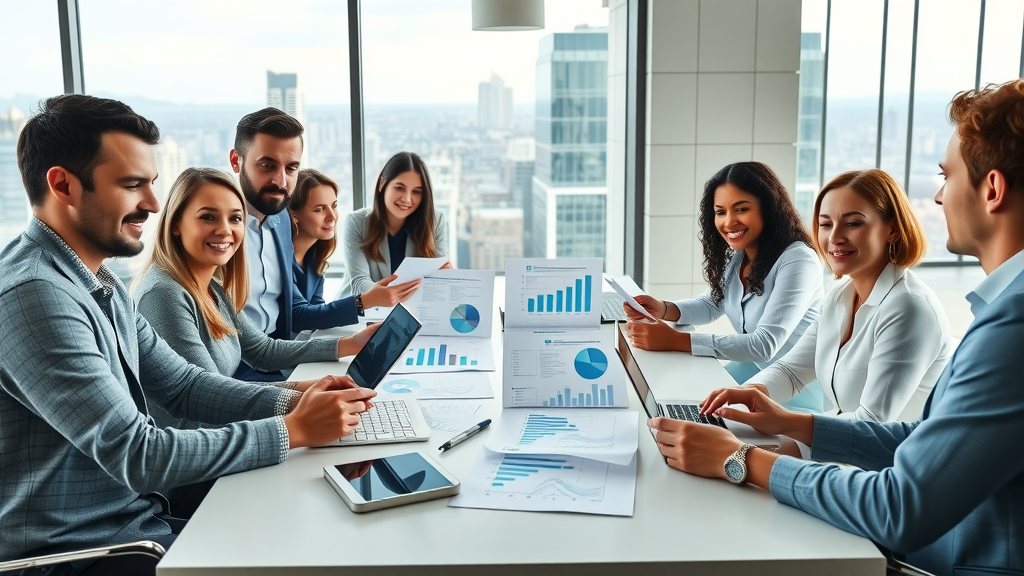content strategy business team analyzing digital content documents in a bright office with city skyline, social media and content marketing focus