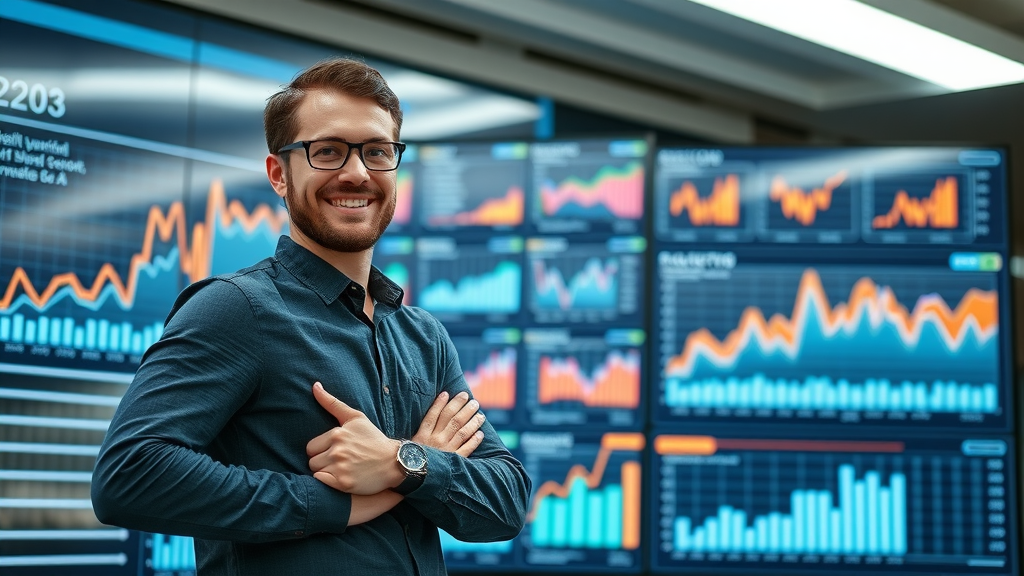 digital marketer presenting evolving trend graphs and dashboards showing content strategy improvement and growth metrics