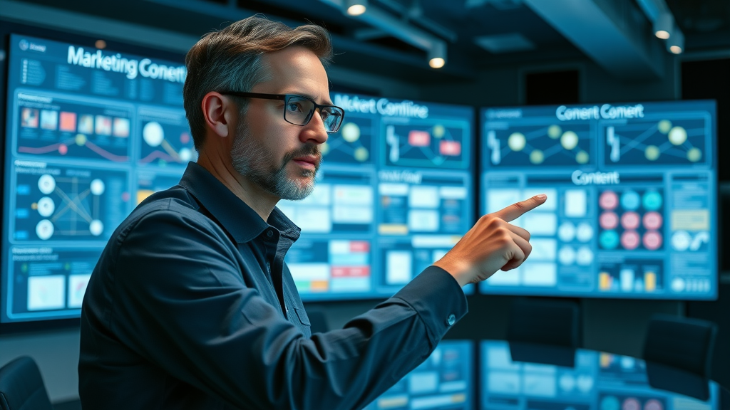marketing director reviewing integrated content planning and marketing strategy on digital boards